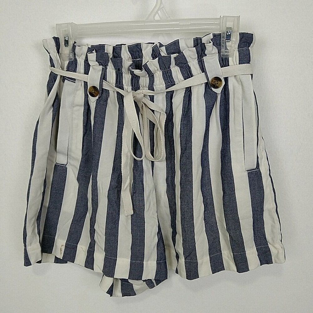 American Eagle Womens sz L Shorts Blue Stripe Button Belted Paperbag Shorts